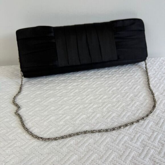 La Diva Black Satin Silver Tone Hardware Women's Clutch Shoulder Bag Purse - Picture 10 of 15